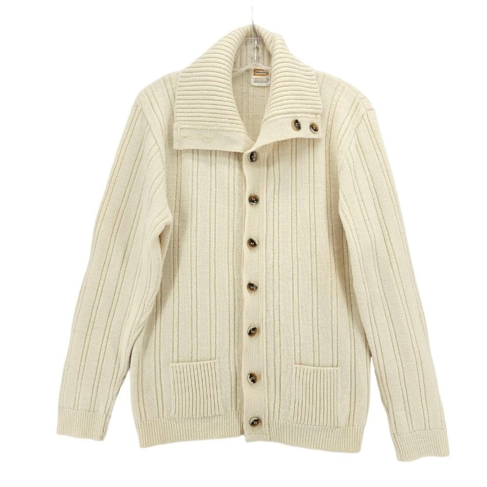 Vintage DRUMMOND Cream Wintuk Orlon Acrylic Cardigan Sweater Pockets LARGE